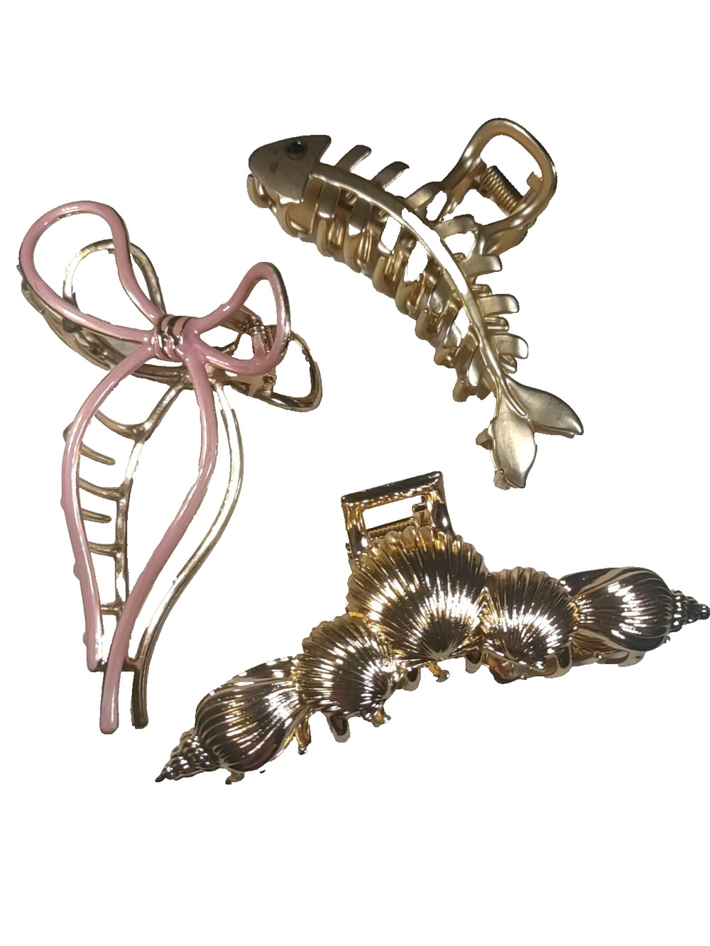 Hair Barrette Alligator Clips Gold Pink Tone Sea Shells Fish Bone Lot Of 3